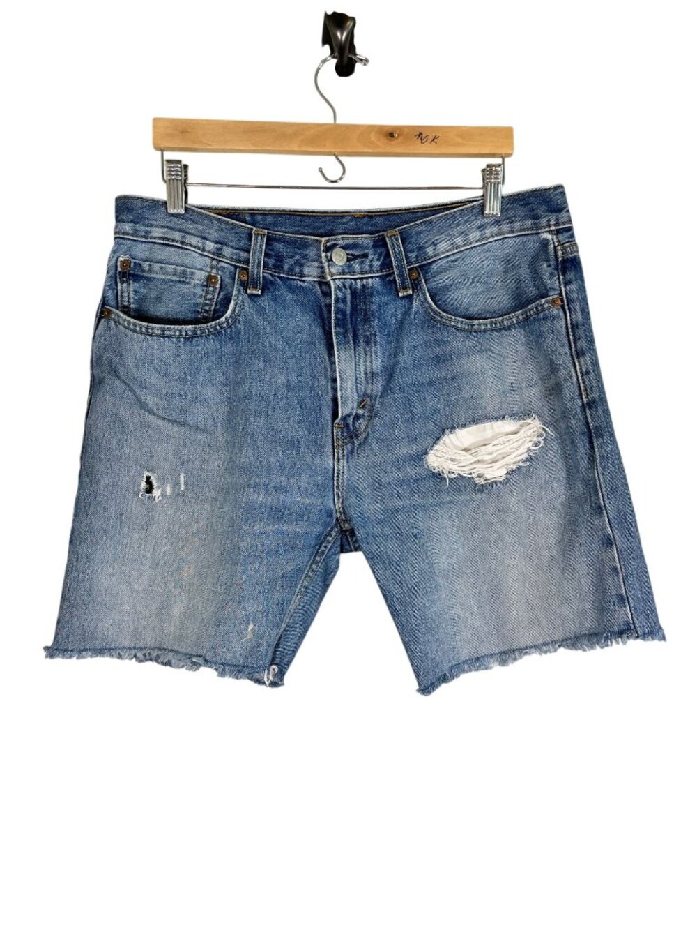 Levi's 502 Denim Jean Shorts 34" Blue Distressed Faded Summer Beach Retro 90s